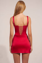 Women's Satin Sweetheart-Neck A-Line Mini Dress in Rose Red — Dress