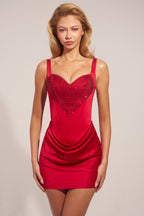 Women's Satin Sweetheart-Neck A-Line Mini Dress in Rose Red — Dress