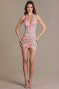 Women's Embellished Draped Mini Dress in Pink Floral Print — Dress