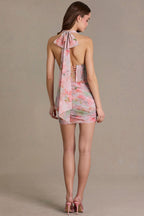 Women's Embellished Draped Mini Dress in Pink Floral Print — Dress
