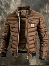 Men's Quilted Zip-Front Jacket with Contrast Collar — Dark Brown