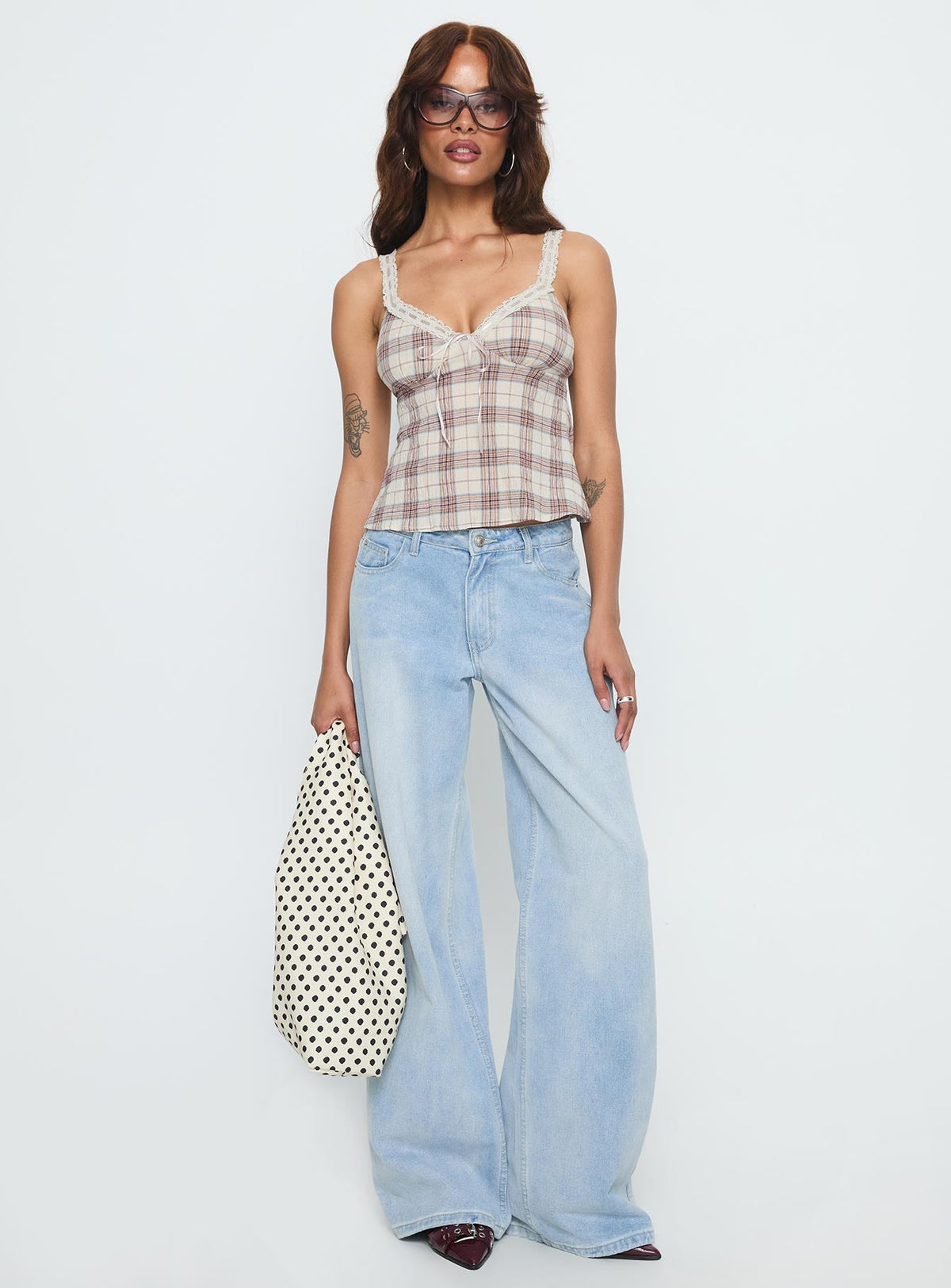 Women's Pretty It Up Tie Detail Top Beige Check