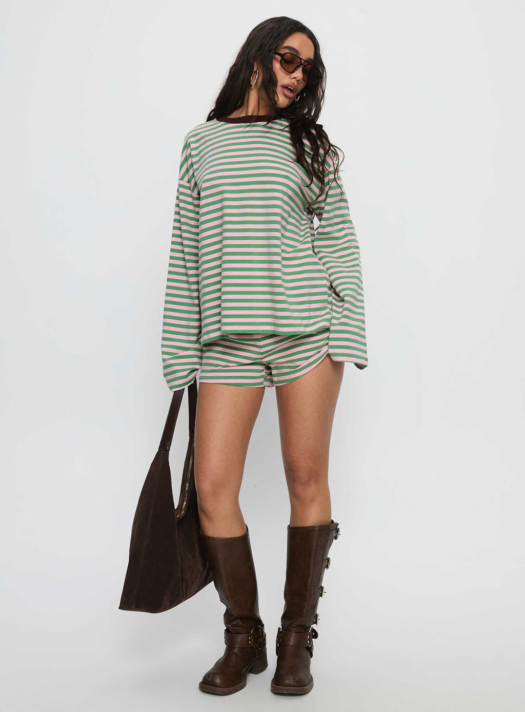 Women's Settle Down Long Sleeve Top Green / Pink Stripe
