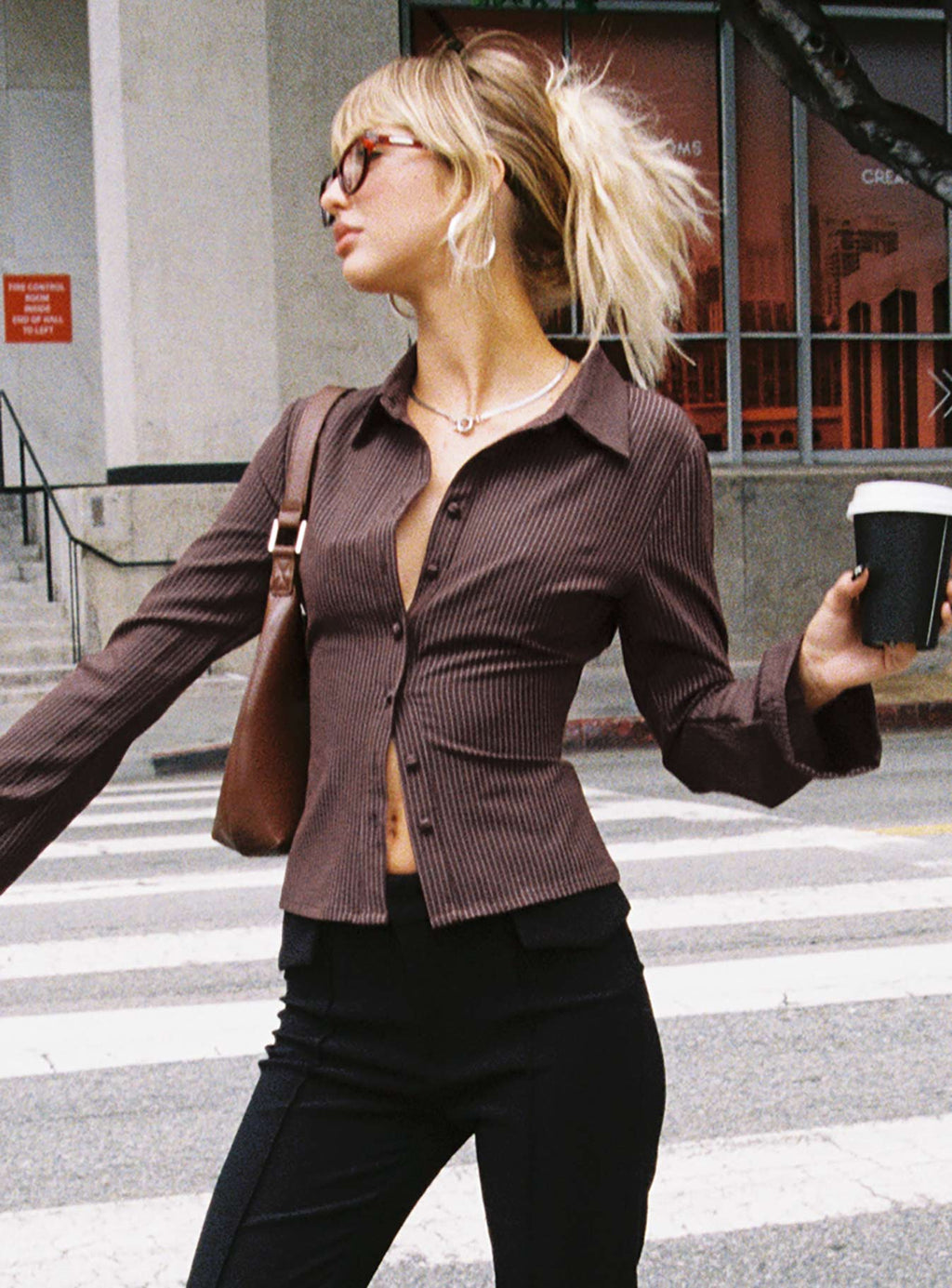 Women's Anni Pinstripe Shirt Brown Petite — Top