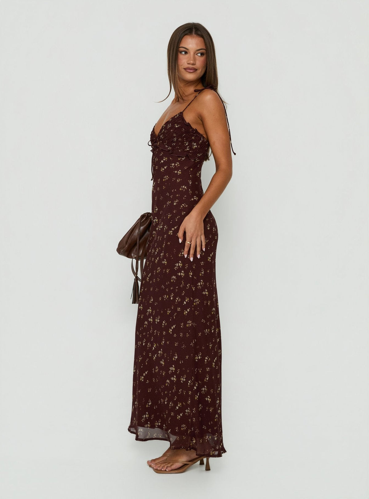 Women's Morcar Frill V Neck Maxi Dress Brown / Yellow Floral — Dress