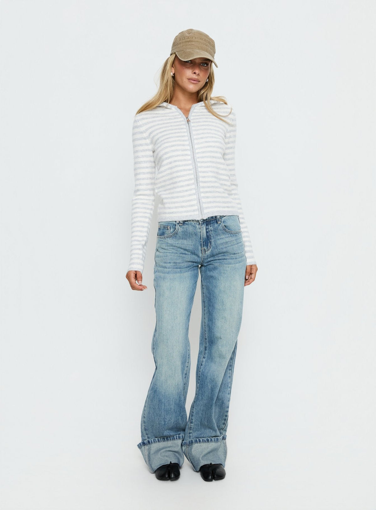 Women's Superstars Zip Through Hoodie Grey / Cream Stripe — Sweater