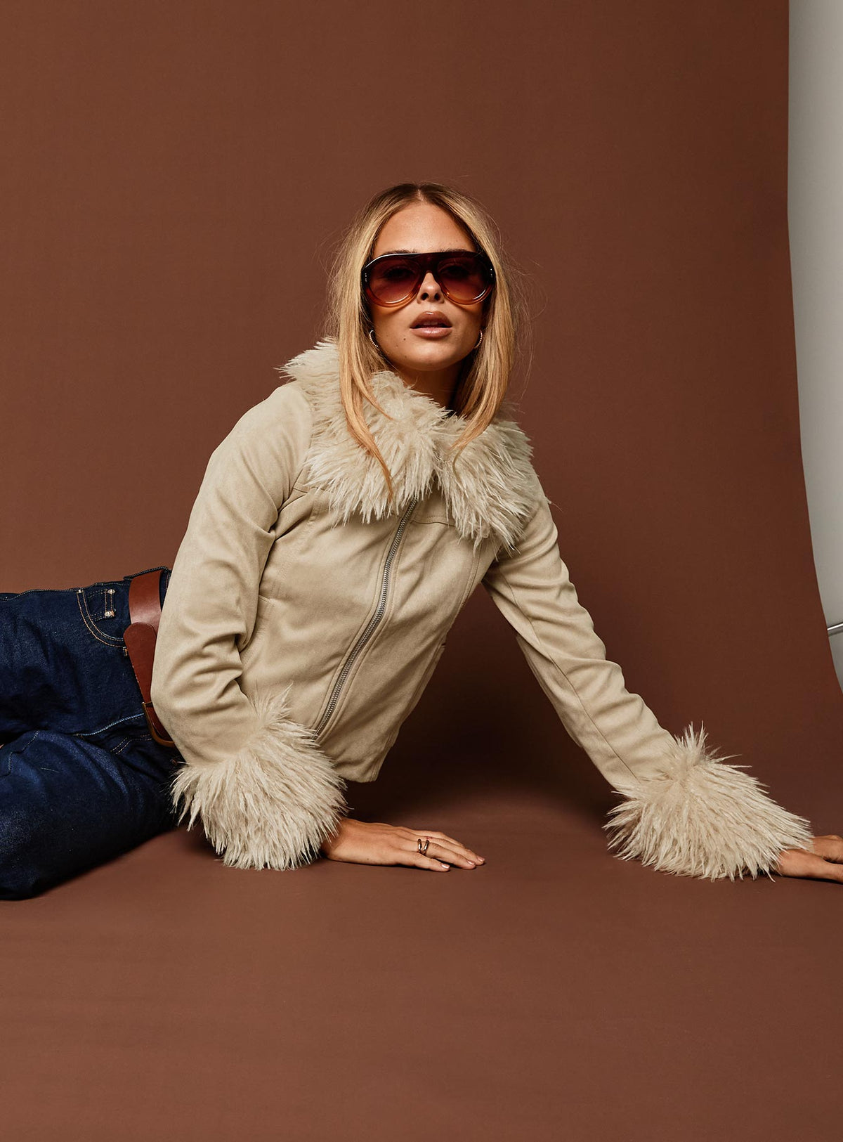 Women's Jeanna Suede Faux Fur Detail Jacket Beige