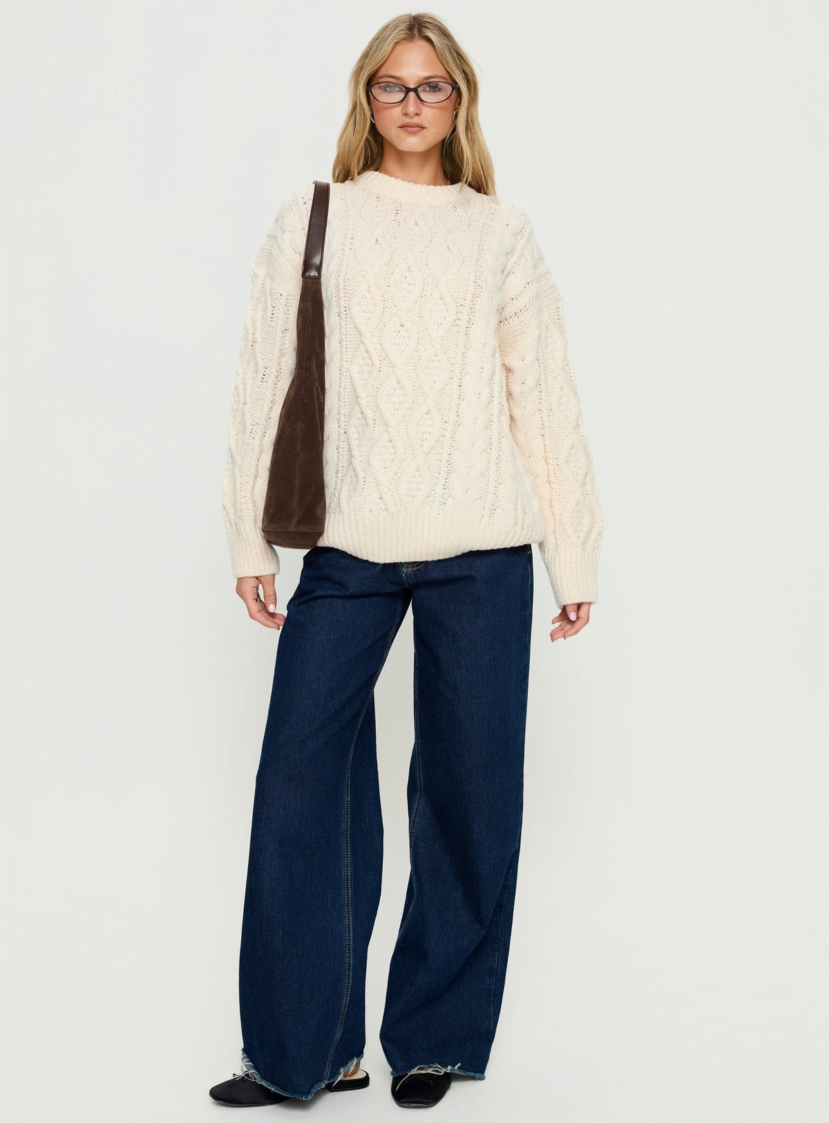 Women's Rorey Cable Knit Crew Neck Sweater White