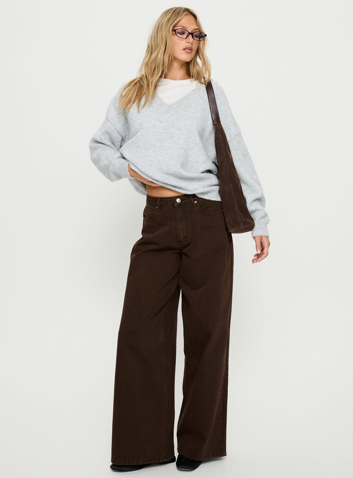 Women's Stay The Night V Neck Knit Sweater Grey Marle