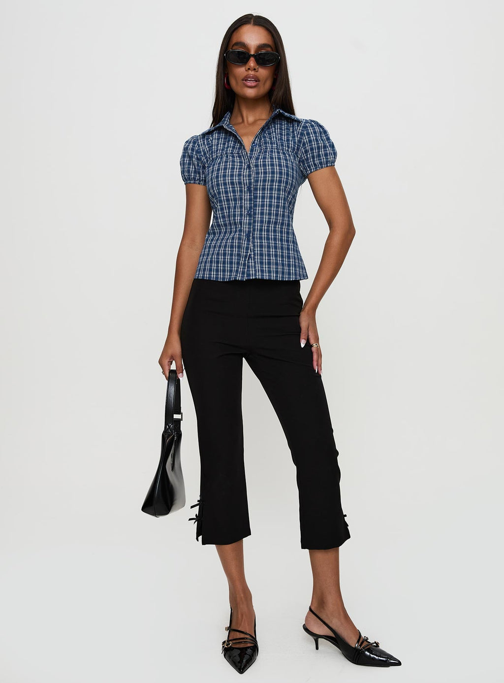 Women's Separate Scenes Button Up Top Blue Check
