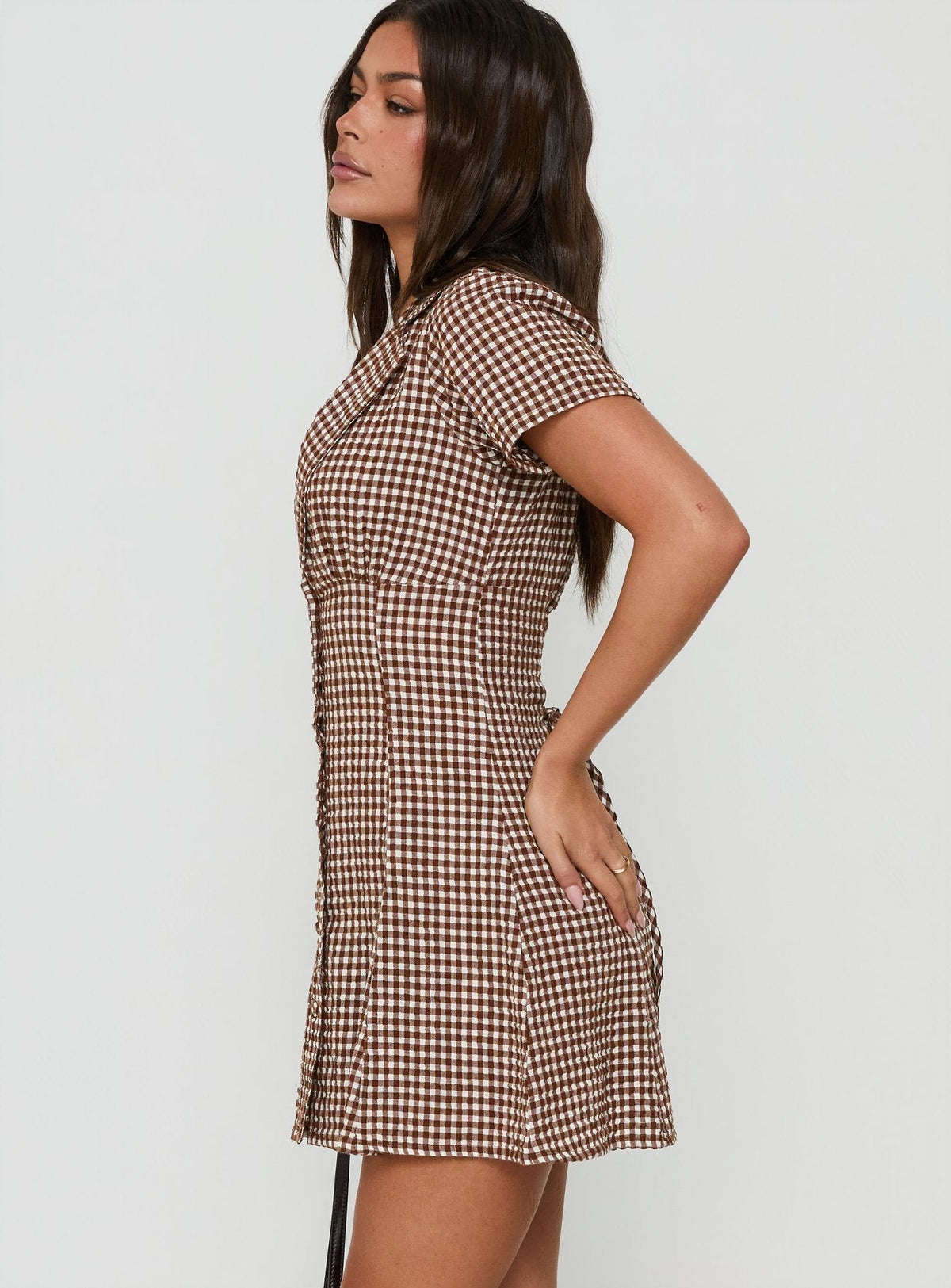 Women's Pique Button Down Mini Dress Brown Gingham — Dress