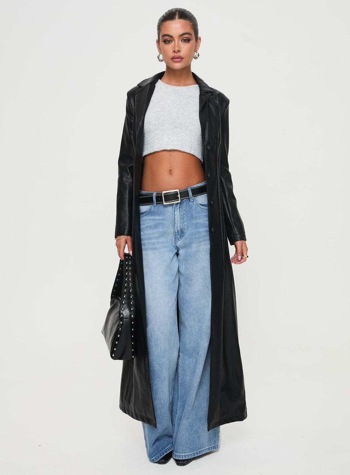 Women's Speak Easy Long Line Faux Leather Coat Black — Jacket