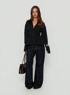 Women's As You Are Shirred Button Up Top Black