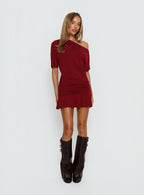 Women's Haylo Off Shoulder Drape Mini Dress Burgundy — Dress
