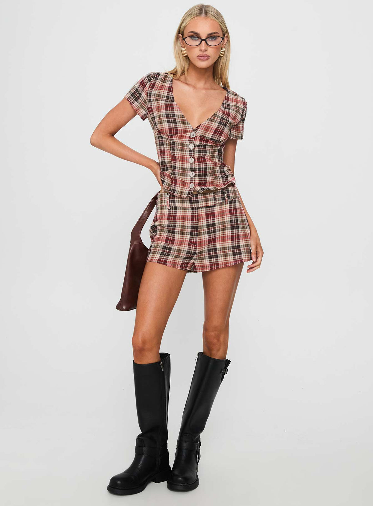 Women's Odera Button Up Blouse Top Red Check