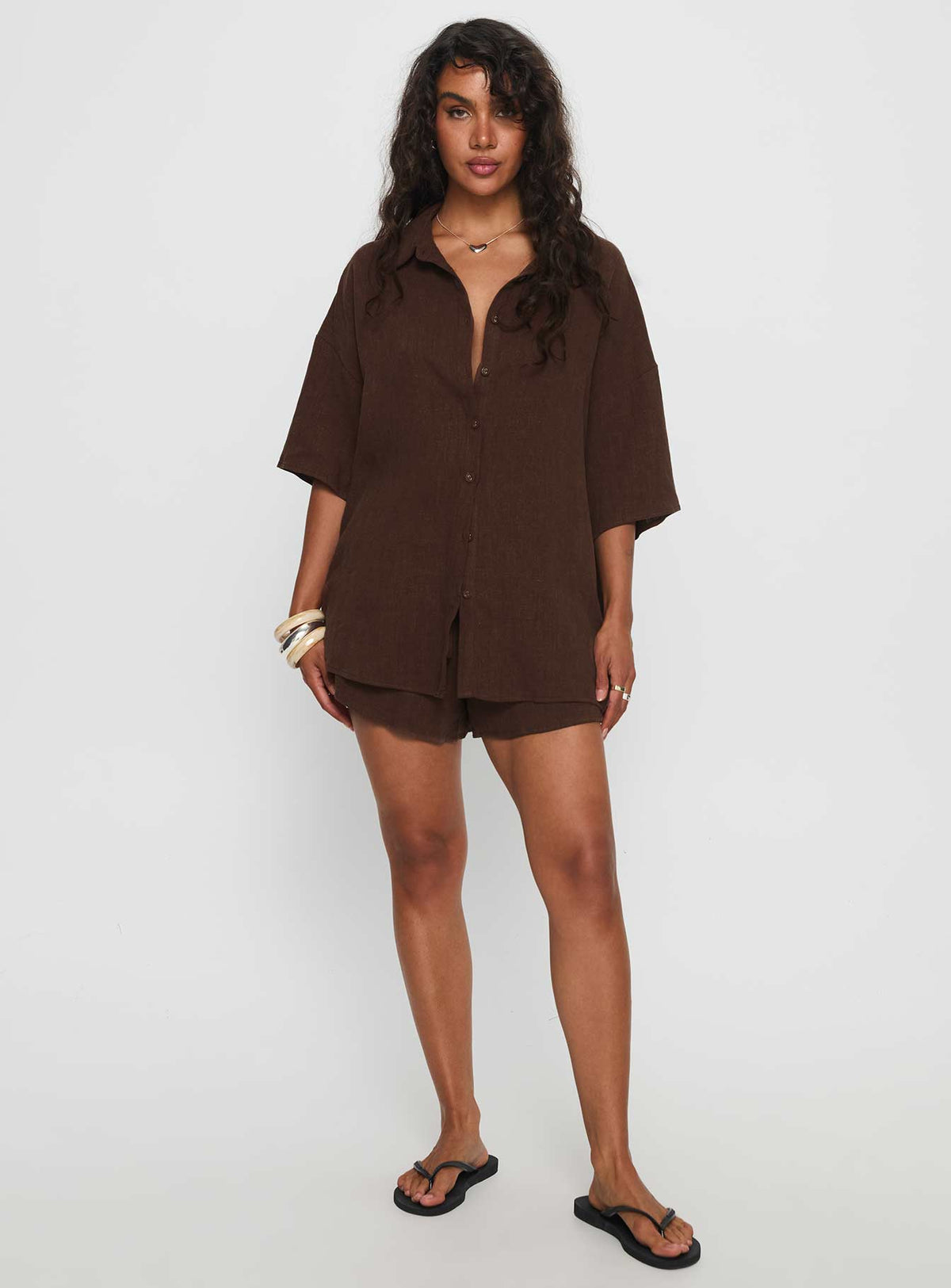 Women's Peni Linen Button Down Top Chocolate