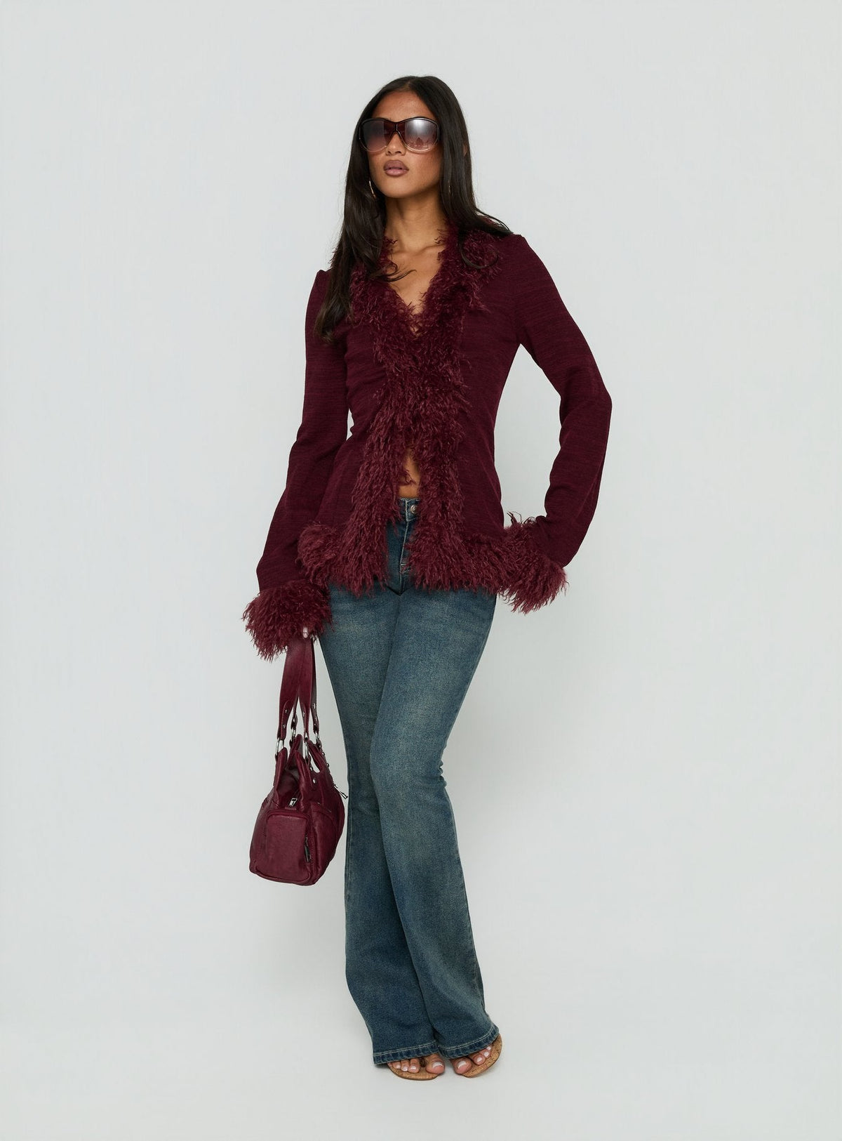 Women's Brynlie Faux Fur Trim Boxy Cardigan Burgundy — Sweater