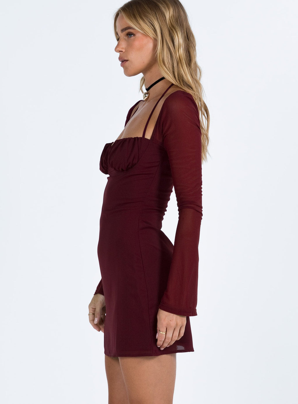 Women's Dyer Sheer Sleeve Mini Dress Burgundy — Dress