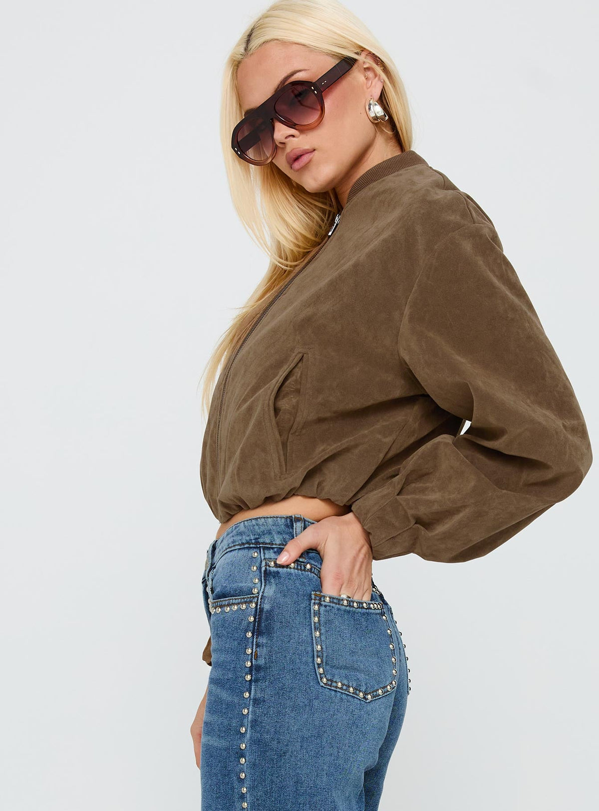 Women's Mastery Faux Suede Bomber Jacket Brown