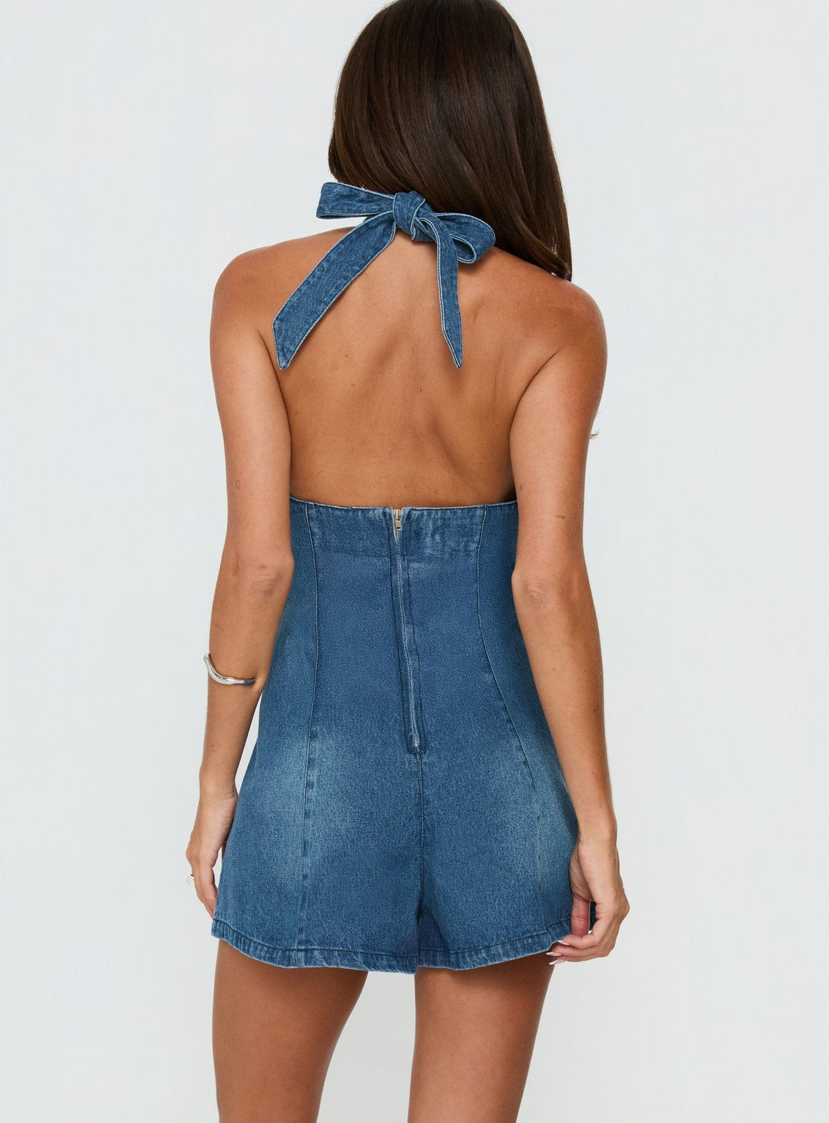 Women's Ardenia Halter Denim Romper Mid Blue Wash