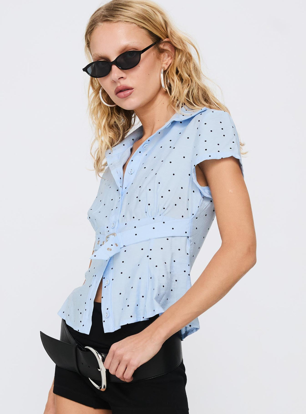 Women's Esteem Buckle Detail Short Sleeve Shirt Blue Polka — Top