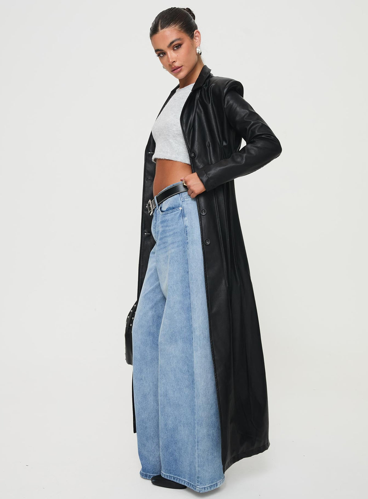 Women's Speak Easy Long Line Faux Leather Coat Black — Jacket