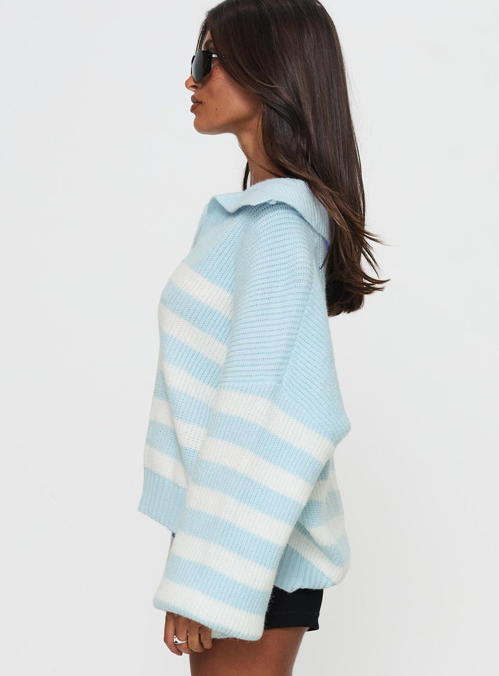 Women's Carolena Long Sleeve Collared Knit Sweater Blue / White Stripe