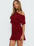 Women's Haylo Off Shoulder Drape Mini Dress Burgundy — Dress