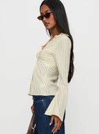 Women's Life Begins Long Sleeve Lace Trim Top Cream Stripe
