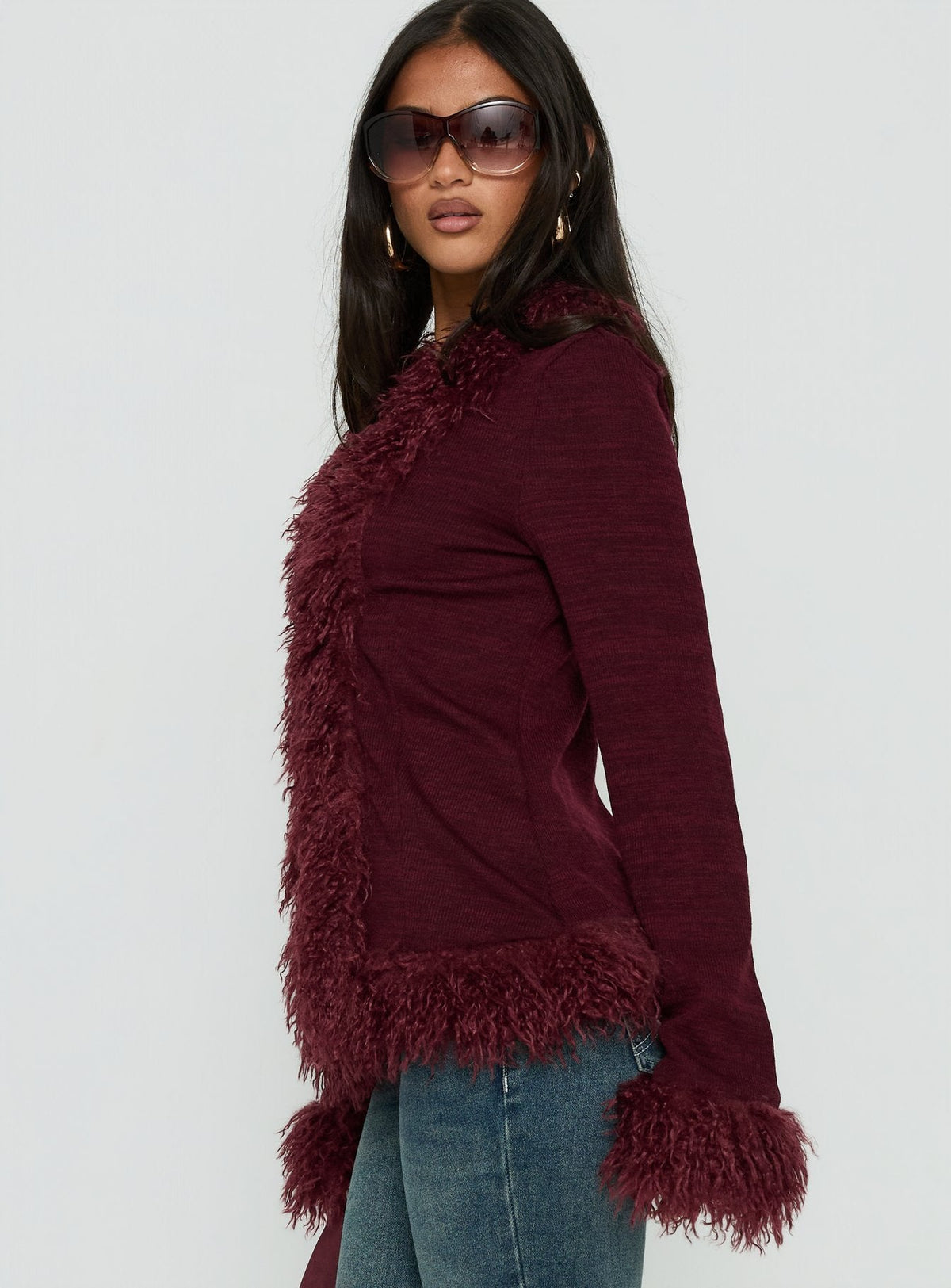 Women's Brynlie Faux Fur Trim Boxy Cardigan Burgundy — Sweater