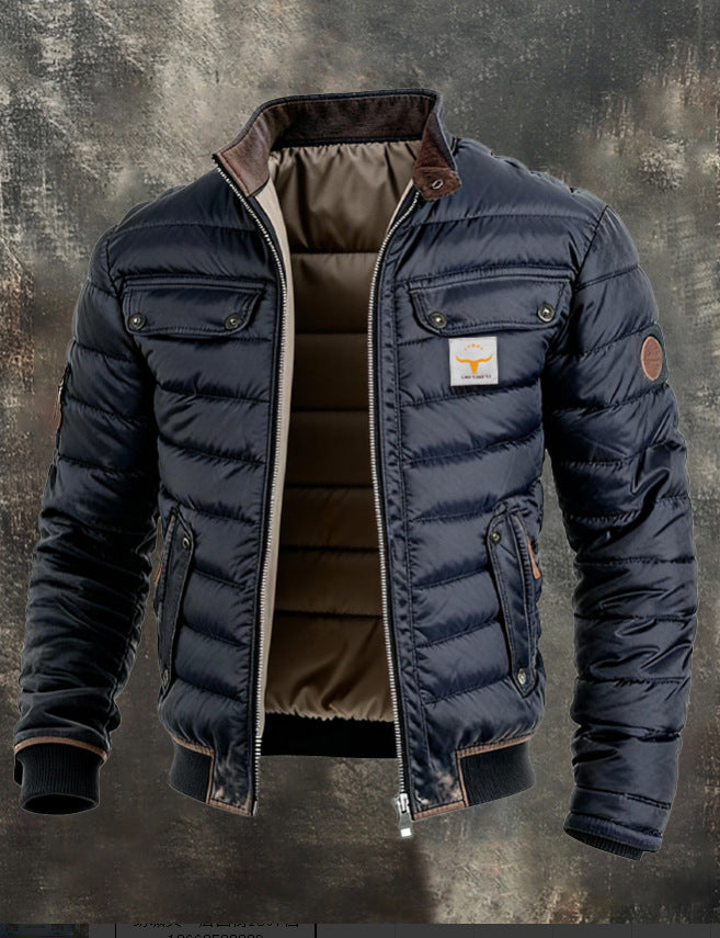 Men's Quilted Zip-Front Jacket with Contrast Collar — Blue
