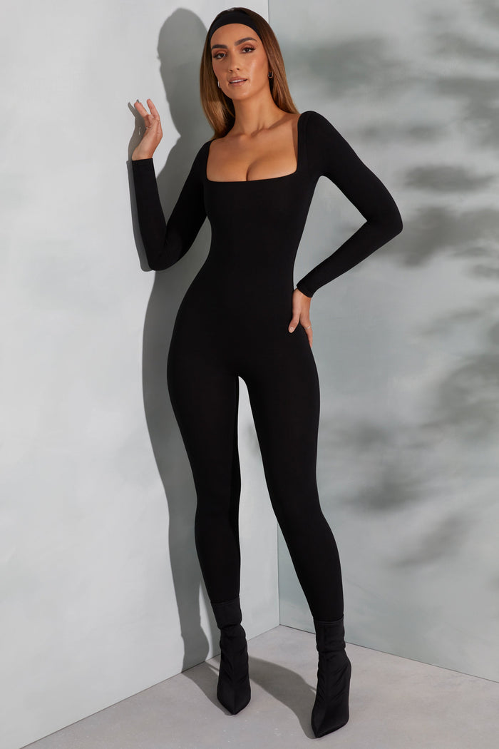 Women's Square Neck Long Sleeve Jumpsuit in Black
