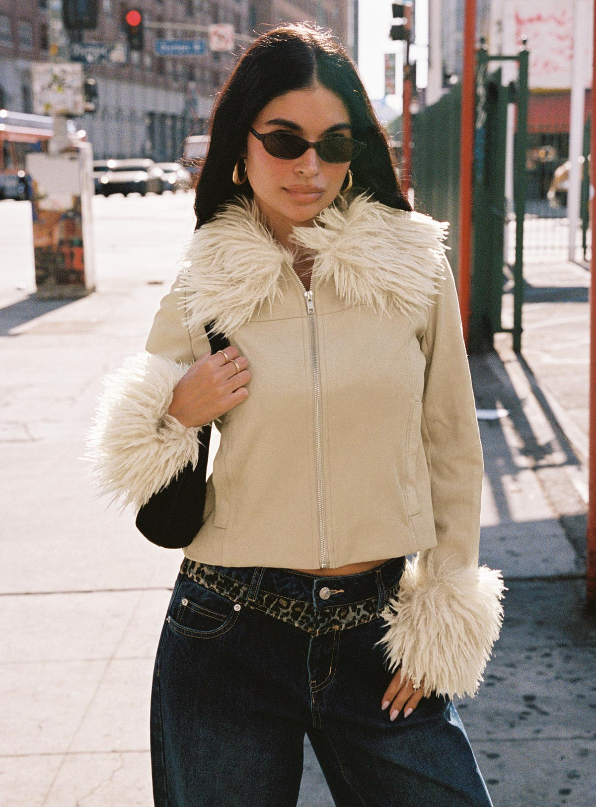 Women's Jeanna Suede Faux Fur Detail Jacket Beige