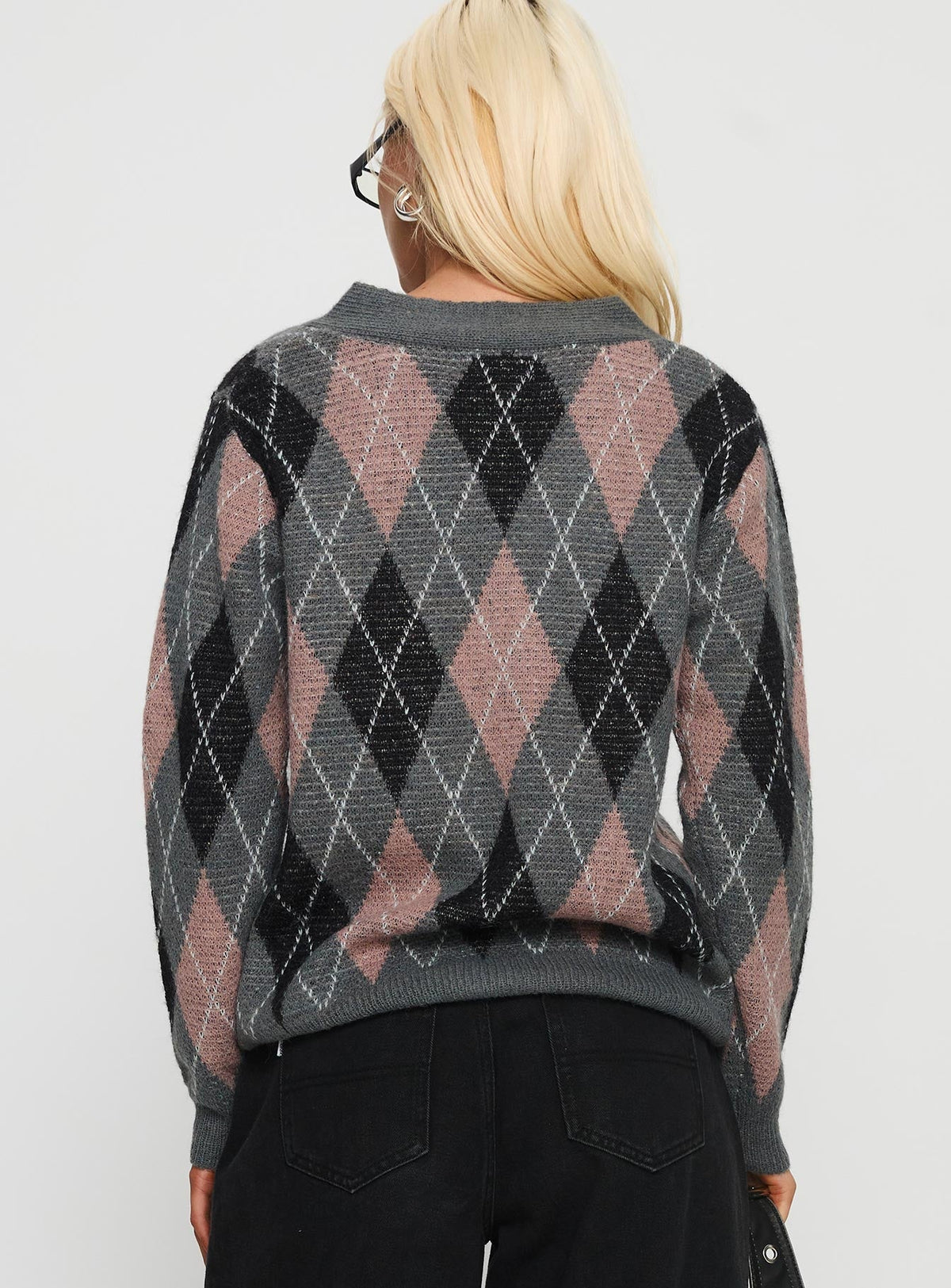 Women's Zeeva Button Through Knit Cardigan Grey Argyle — Sweater