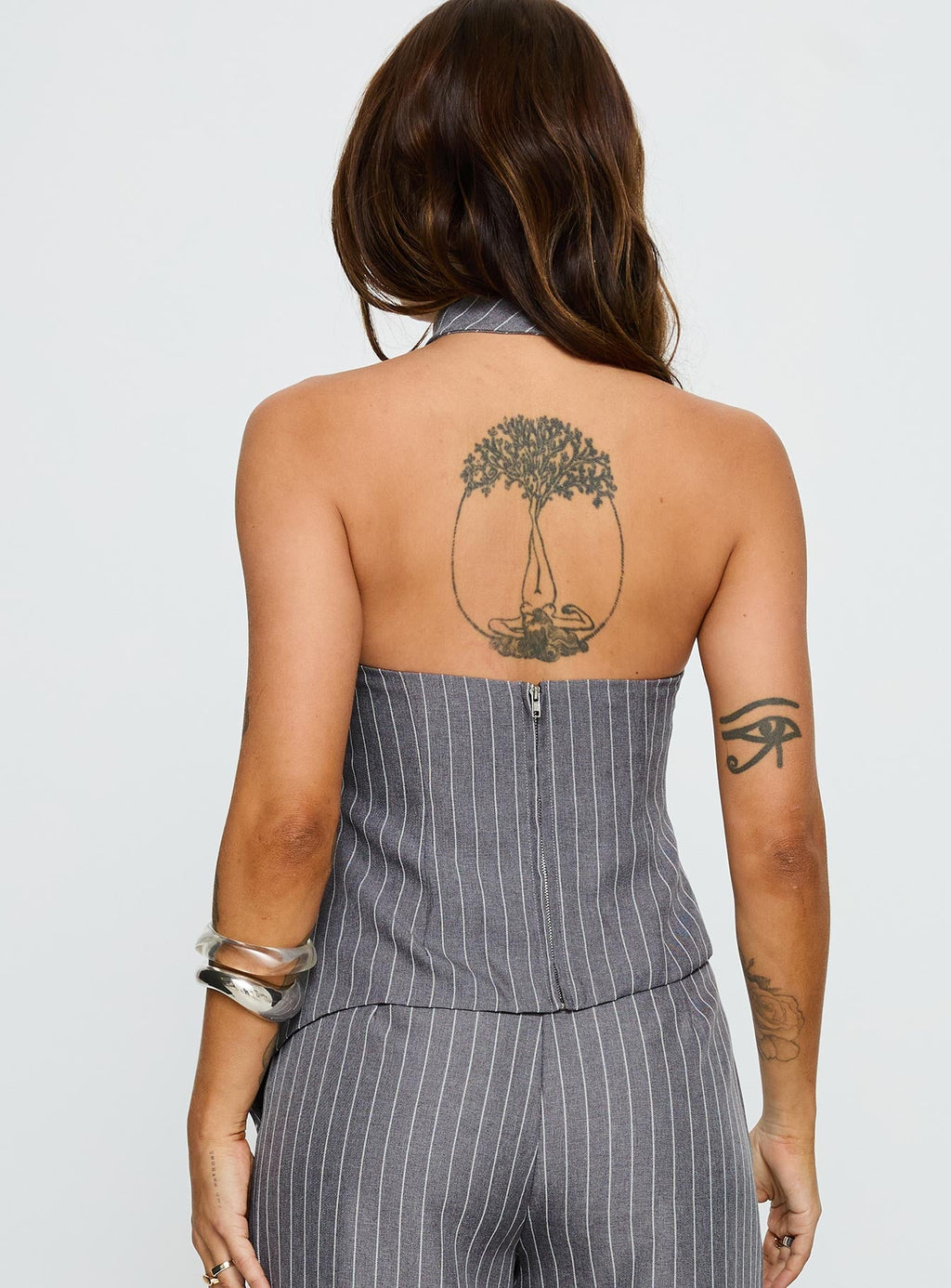 Women's Uvelia Tie Detail Top Grey Pinstripe