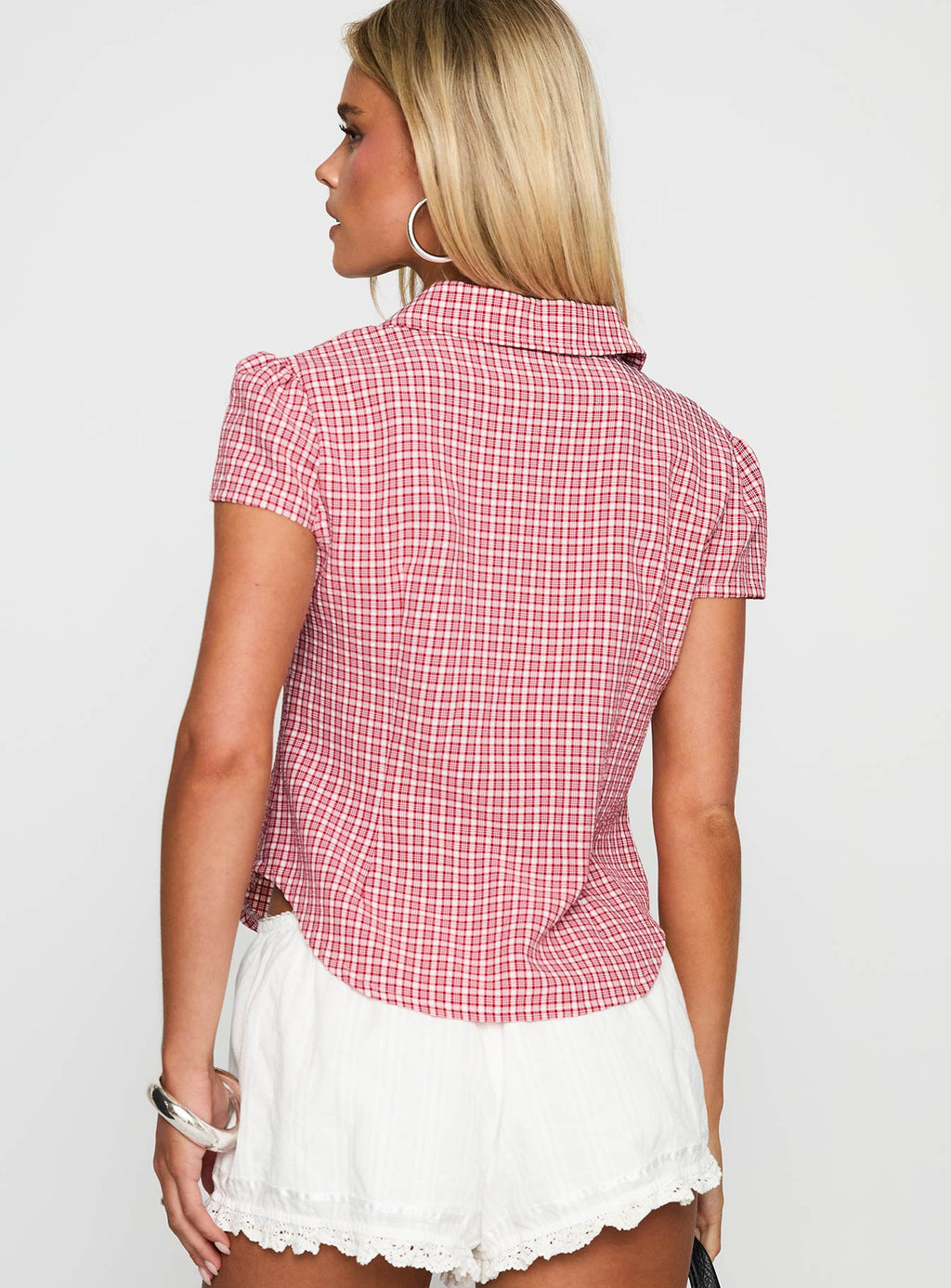 Women's Float Away Button Up Top Red Check
