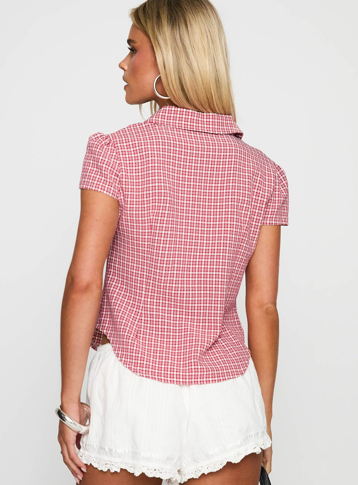 Women's Float Away Button Up Top Red Check
