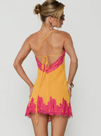Women's Call My Lover Lace Slip Mini Dress Gold / Fuchsia — Dress