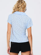 Women's Esteem Buckle Detail Short Sleeve Shirt Blue Polka — Top