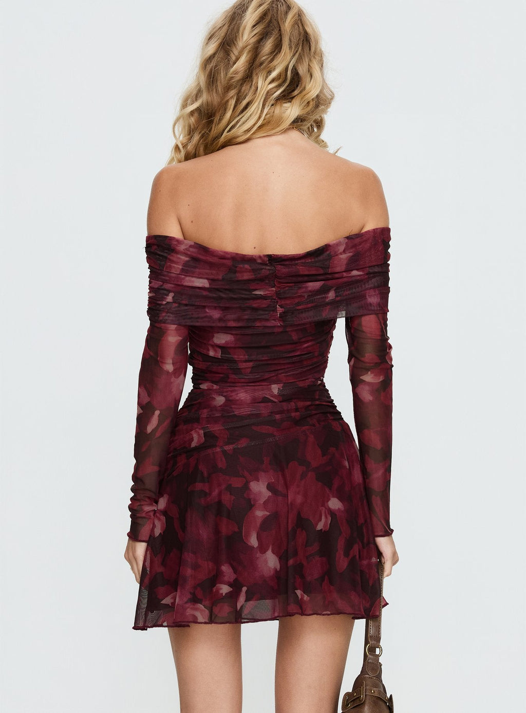 Women's Marrissa Off Shoulder Long Sleeve Mini Dress Burgundy Floral — Dress