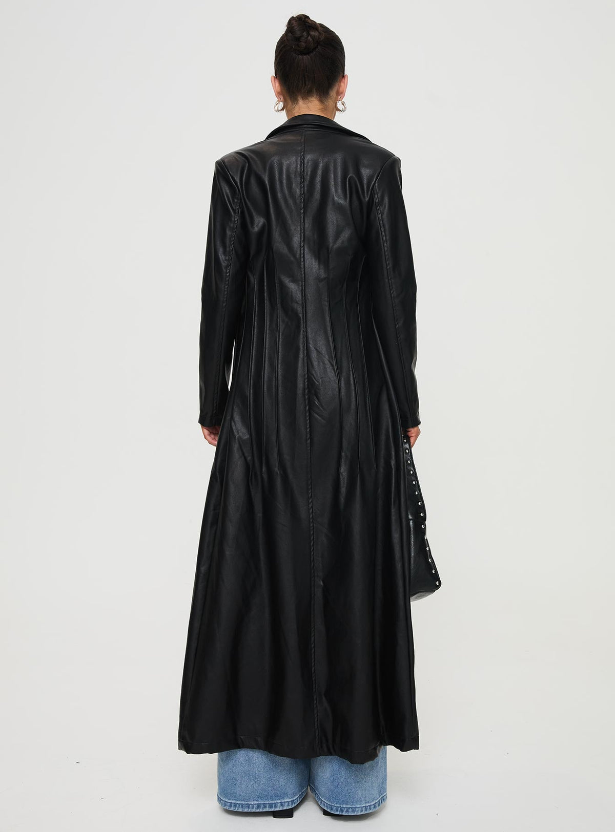 Women's Speak Easy Long Line Faux Leather Coat Black — Jacket