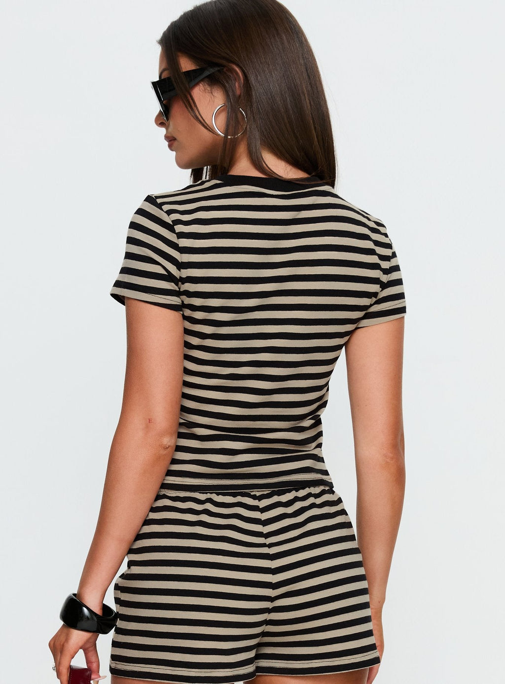 Women's Settle Down Baby Tee Black / Beige Stripe