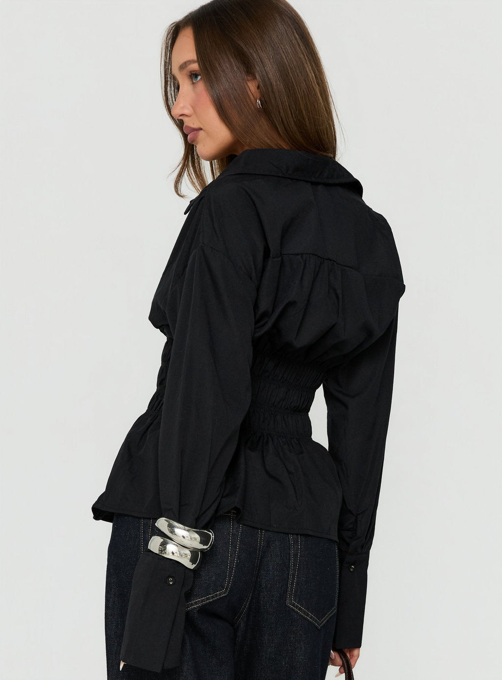 Women's As You Are Shirred Button Up Top Black