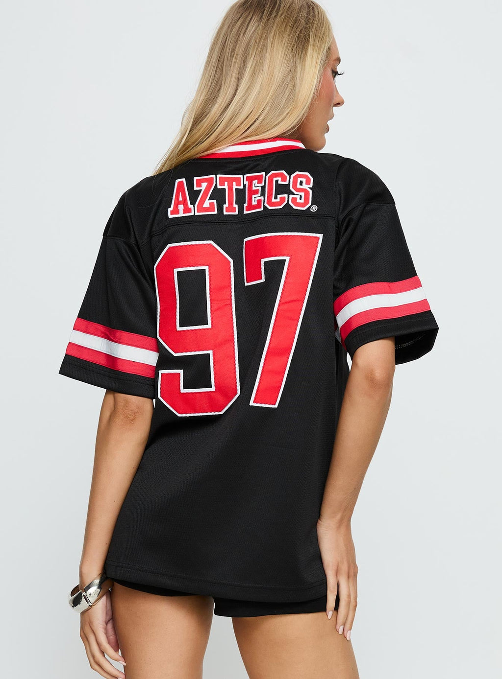 Women's SDSU Football Button Down Jersey Black — Top