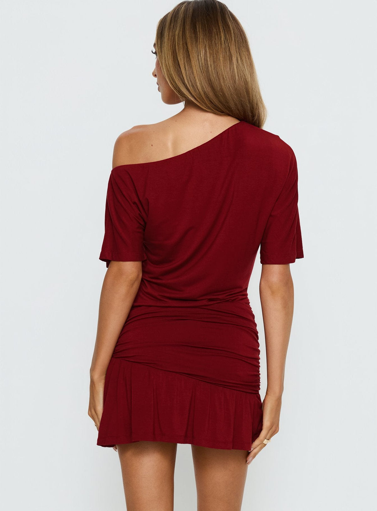 Women's Haylo Off Shoulder Drape Mini Dress Burgundy — Dress