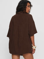 Women's Peni Linen Button Down Top Chocolate