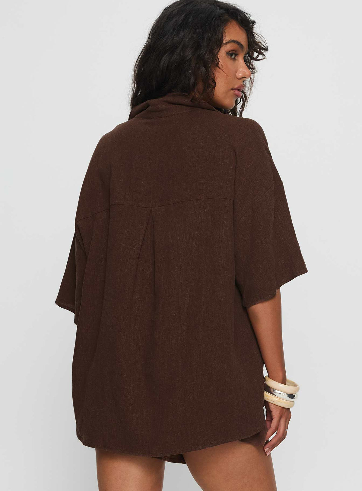 Women's Peni Linen Button Down Top Chocolate