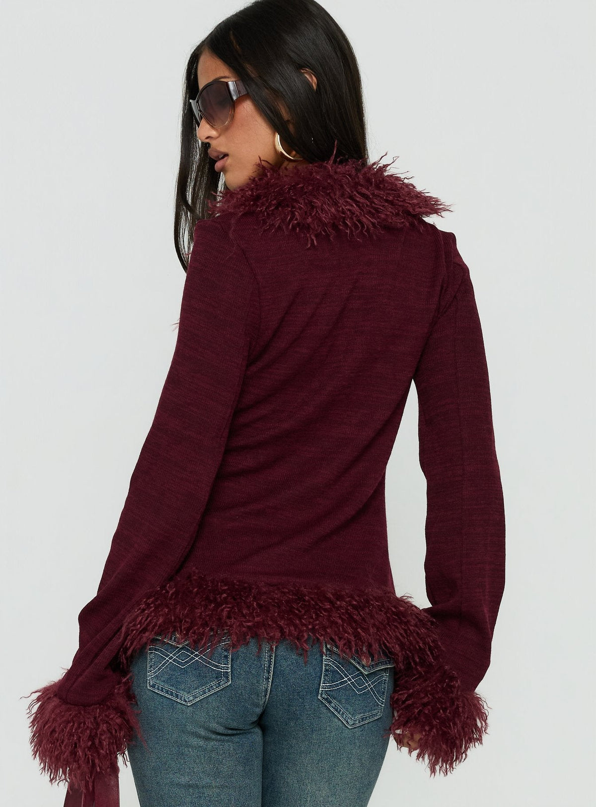 Women's Brynlie Faux Fur Trim Boxy Cardigan Burgundy — Sweater