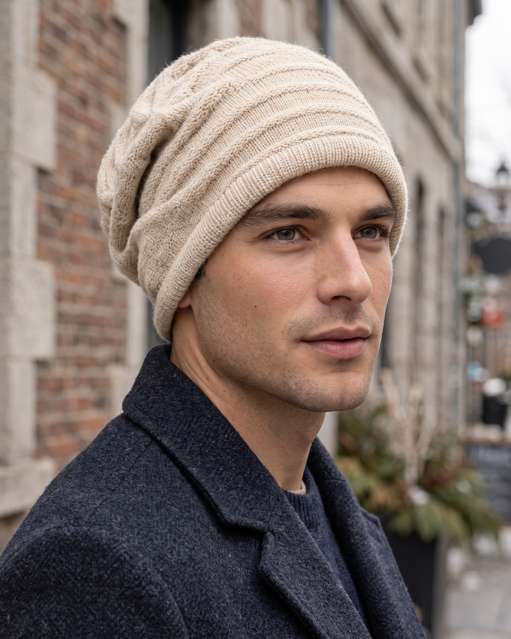Men's Cashmere Slouchy Beanie — Apricot — lifestyle [WB final 4:5 2]