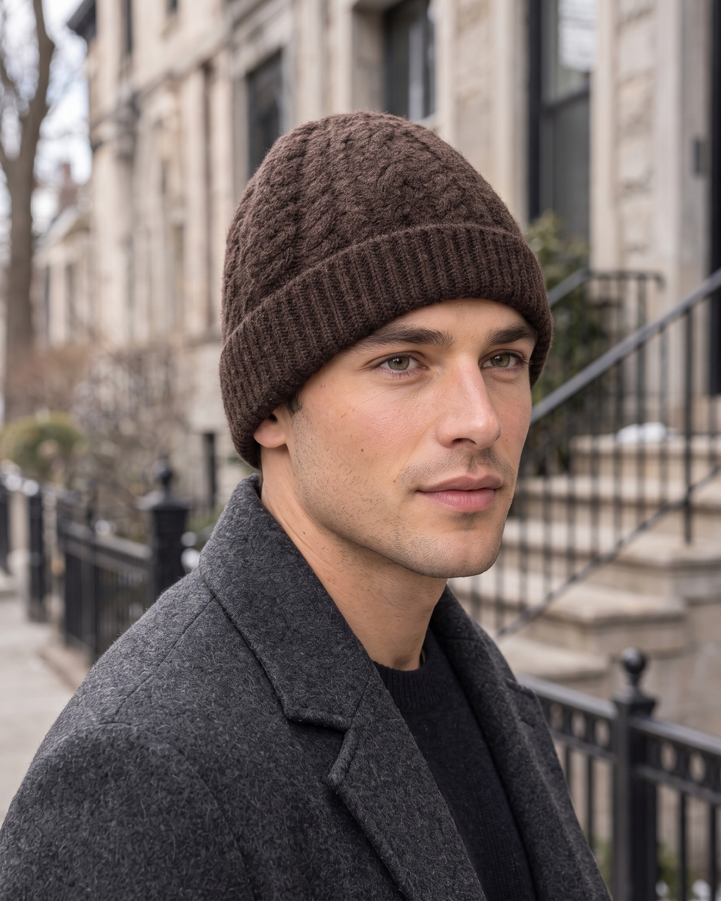 Men's Thick-Knit Cashmere Beanie — lifestyle [WB final 4:5 28]